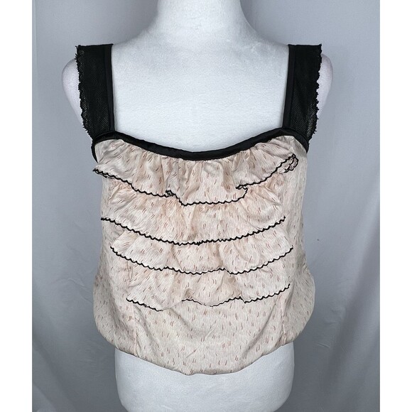 Chelsea Flower Tops - Chelsea Flower Ruffle Front Top 100% Silk Blush Pink Black Trim Size M Coquette